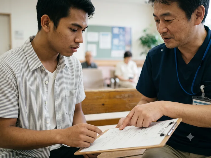 病院の待合で問診票を一緒に確認する様子